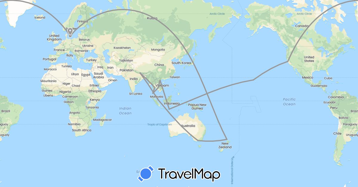TravelMap itinerary: driving, plane in Australia, Indonesia, Cambodia, Nepal, New Zealand, Sweden, Singapore, Thailand, United States, Vietnam (Asia, Europe, North America, Oceania)